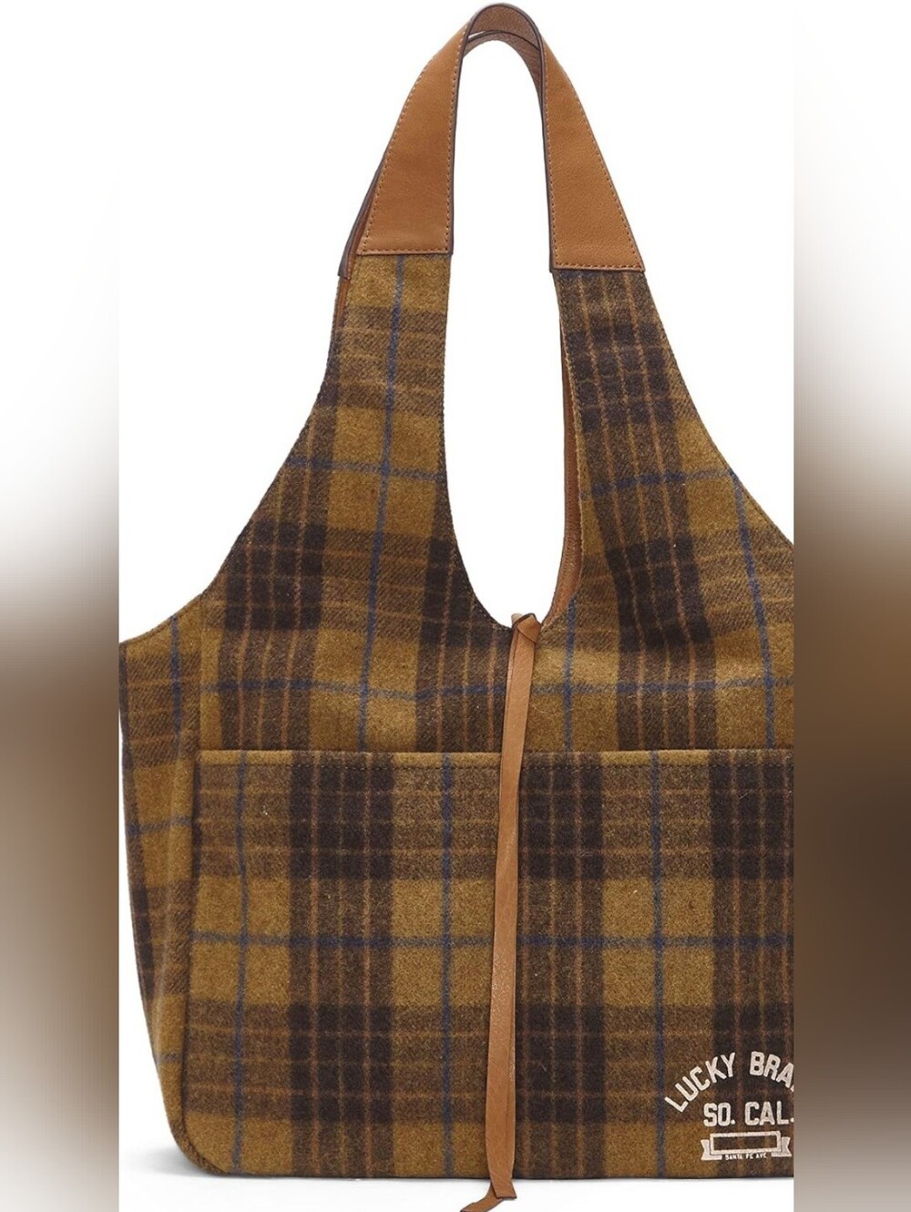 Lucky Brand Plaid Wool Tote in Mustard and Brown